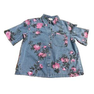Bibi Pink Floral Printed Blue Denim Button Up Shirt Short Sleeve Small Pocket